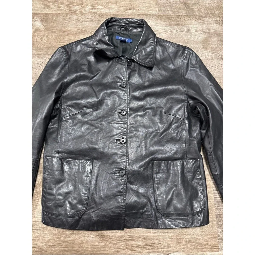 JCREW 100% Leather Black Button Front Jacket Size Large